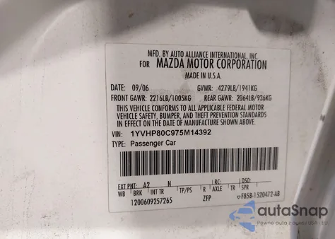 2007 Mazda Mazda6 I Sport Ve из США, поврежденный, VIN 1YVHP80C975M14392